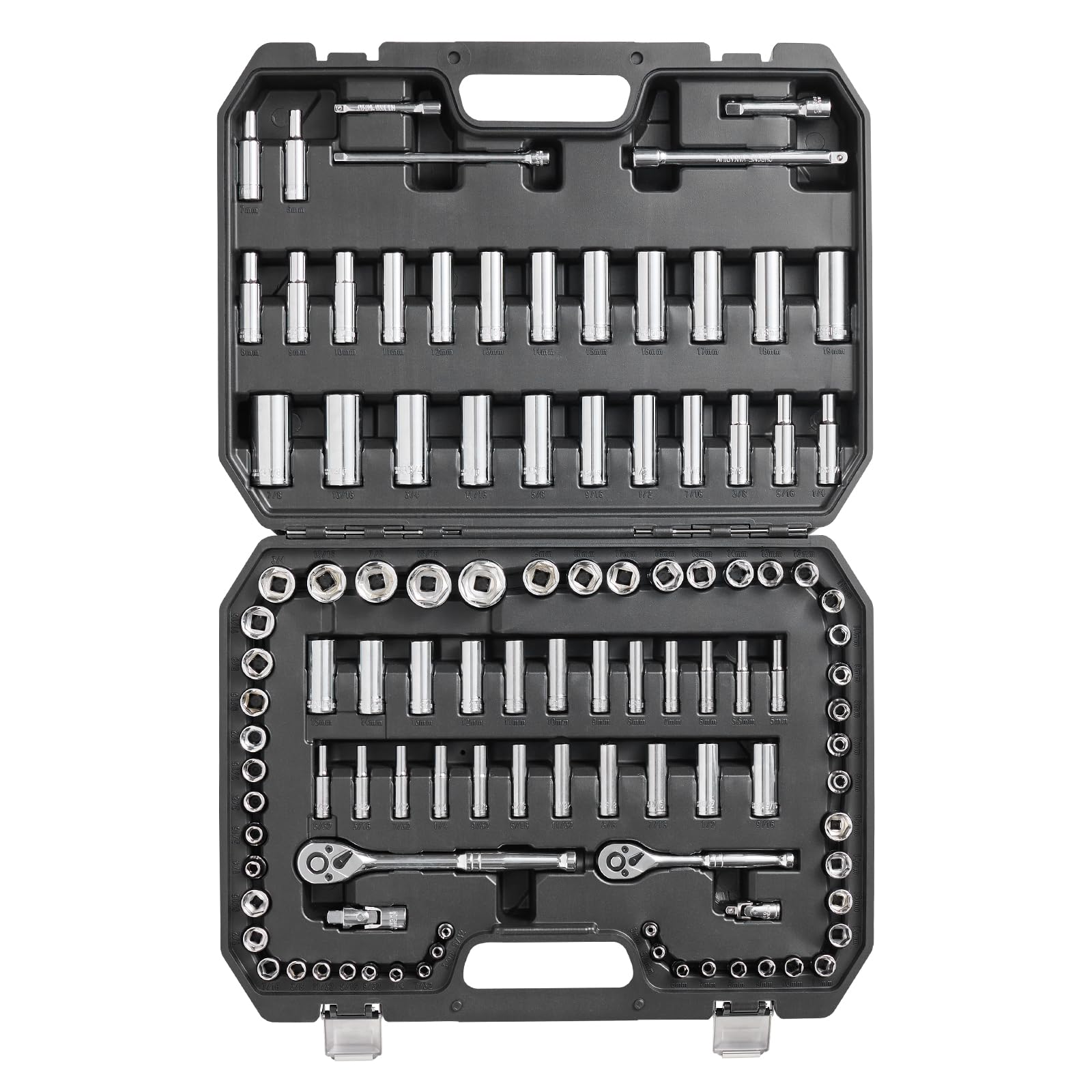 VEVOR Socket Set, 1/4'' and 3/8'' Drive Socket and Ratchet Set, 6-Point Socket Opening, 106 Pcs Tool Set SAE and Metric, Deep an